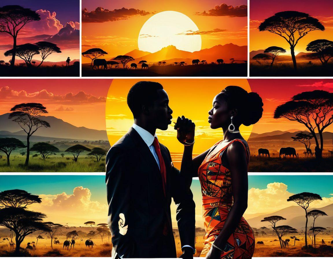 A cinematic journey showcasing the evolution of Kenyan adult films, featuring iconic film reels, Kenyan landscapes, and sensual silhouettes of diverse couples in passionate moments. Incorporate vintage film elements, vibrant local culture, and visual references to classic and modern adult film aesthetics, emphasizing the blend of tradition and modernity. vivid colors. 3D effects. dynamic composition.